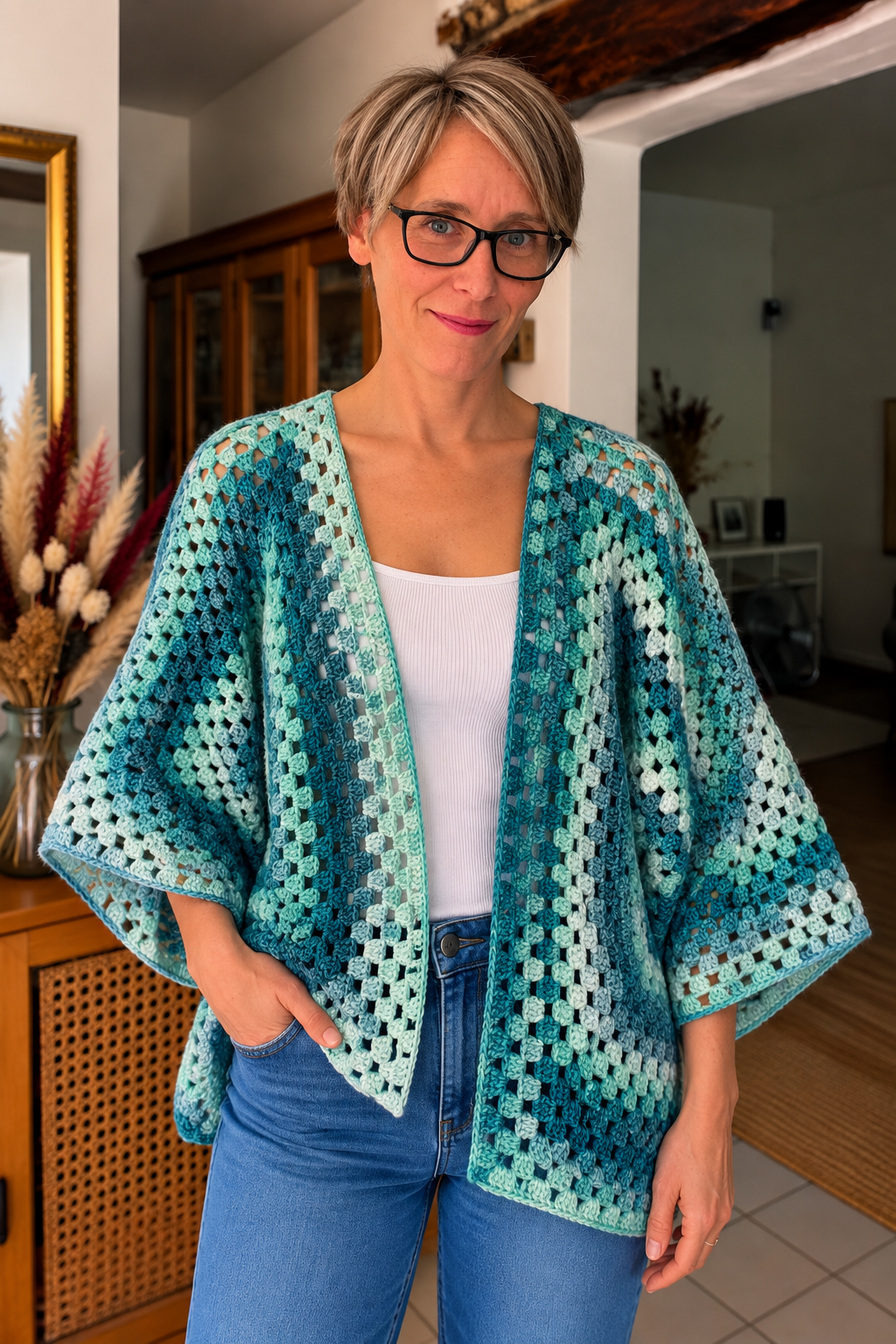 🌊 Gilet Kimono Océan – Fait main au crochet